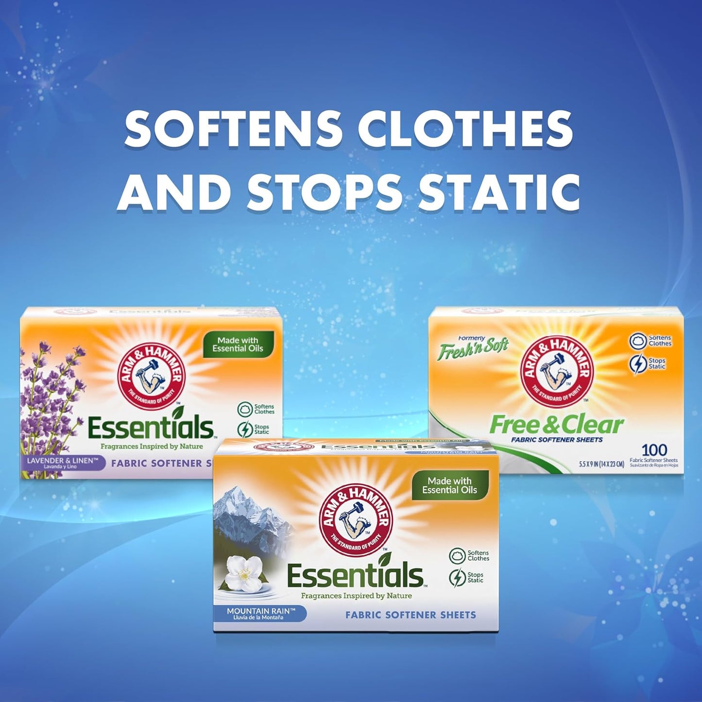 ARM & HAMMER Hojas suavizantes de tela, lluvia de montaña 144 unidades