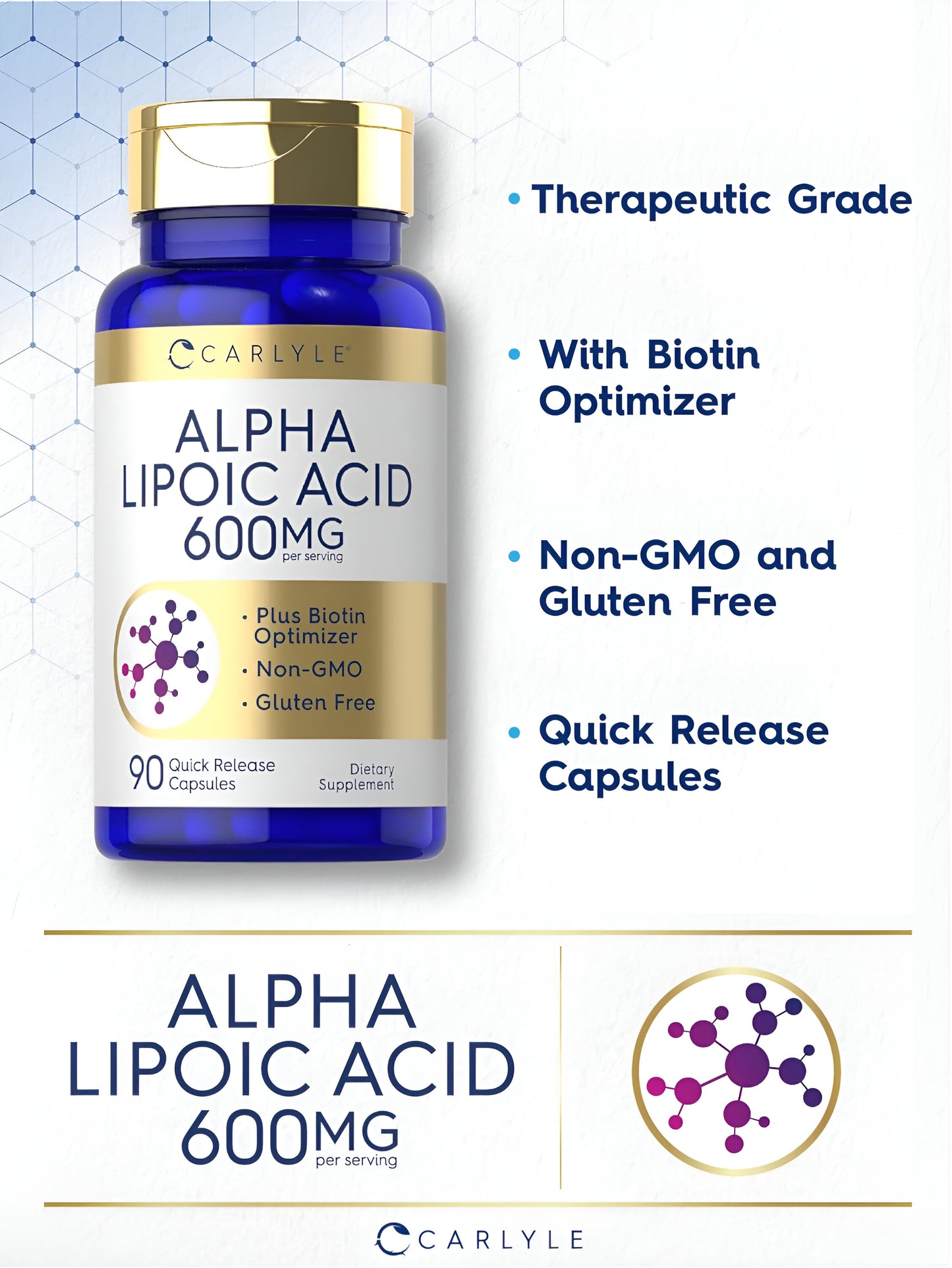 Carlyle Alpha Lipoic Acid 600mg + optimizador de biotina | 90 Cápsulas