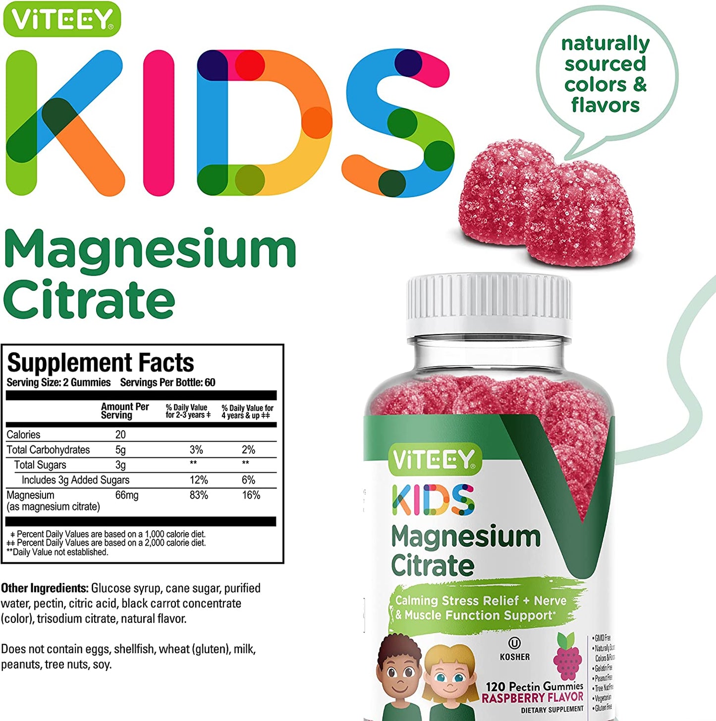 VITEEY Gomitas de Magnesio de Citrato para niños - 120 gomitas