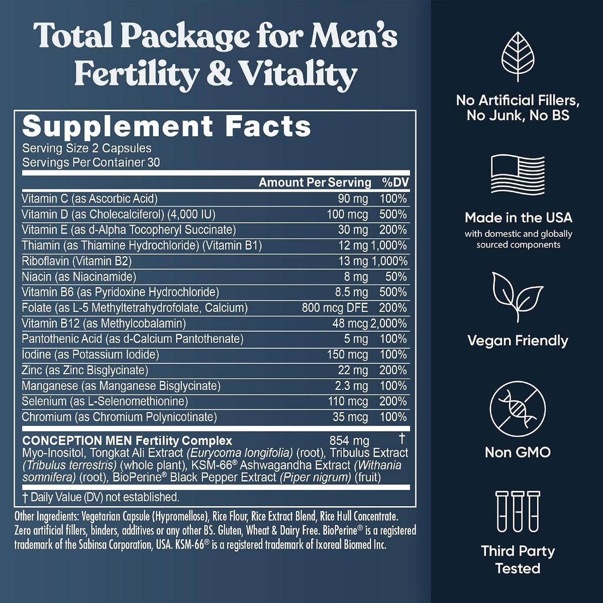 Conception For Him - Vitaminas de fertilidad – Recuento óptimo masculino, fuerza de movilidad de esperma, – zinc, folato, píldoras Ashwagandha – 60 cápsulas
