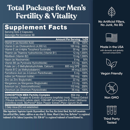Conception For Him - Vitaminas de fertilidad – Recuento óptimo masculino, fuerza de movilidad de esperma, – zinc, folato, píldoras Ashwagandha – 60 cápsulas