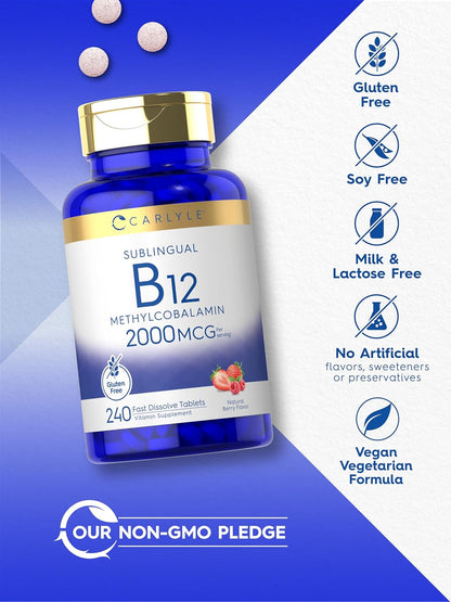 Carlyle Vitamina B12 de 2000 mcg | 240 tabletas de disolución rápida | Metilcobalamina sublingual | Sabor a bayas