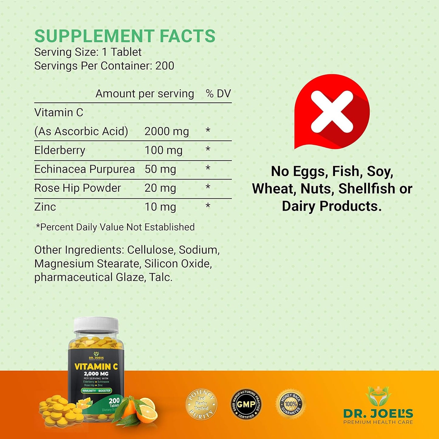 Dr. JOEL'S Vitamina C de apoyo inmunológico 2000 mg - 200 tabletas