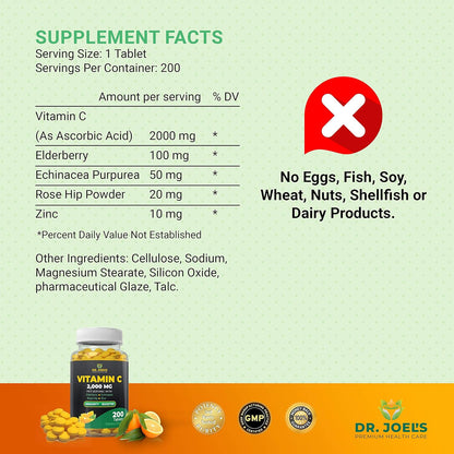 Dr. JOEL'S Vitamina C de apoyo inmunológico 2000 mg - 200 tabletas