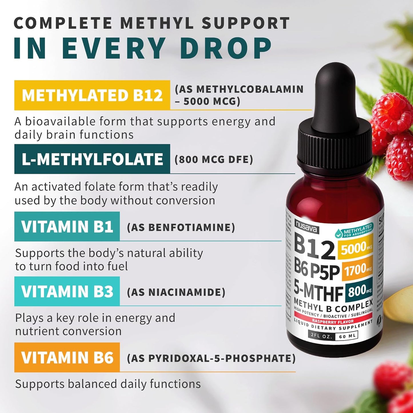 NUSAVA gotas líquidas de complejo B metilado, 60ml