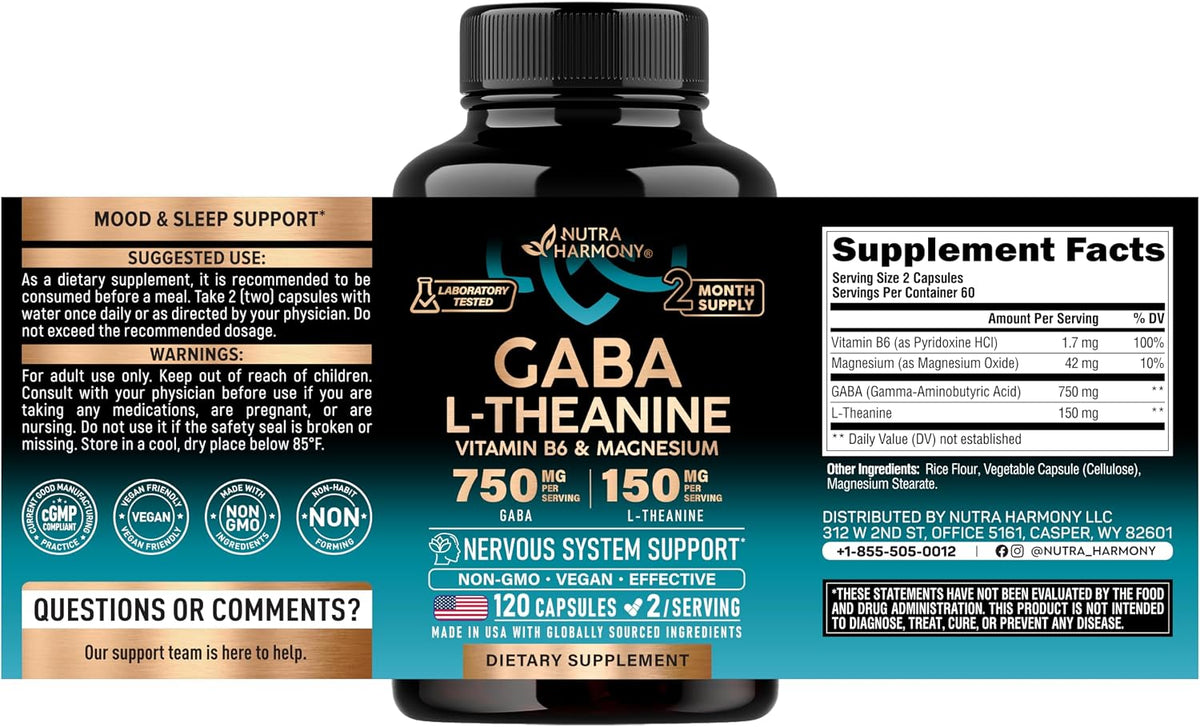 Nutra Harmony - Gaba(750mg) L-theanine(150mg) con vitamina B6 & magnesium - 120 capsulas