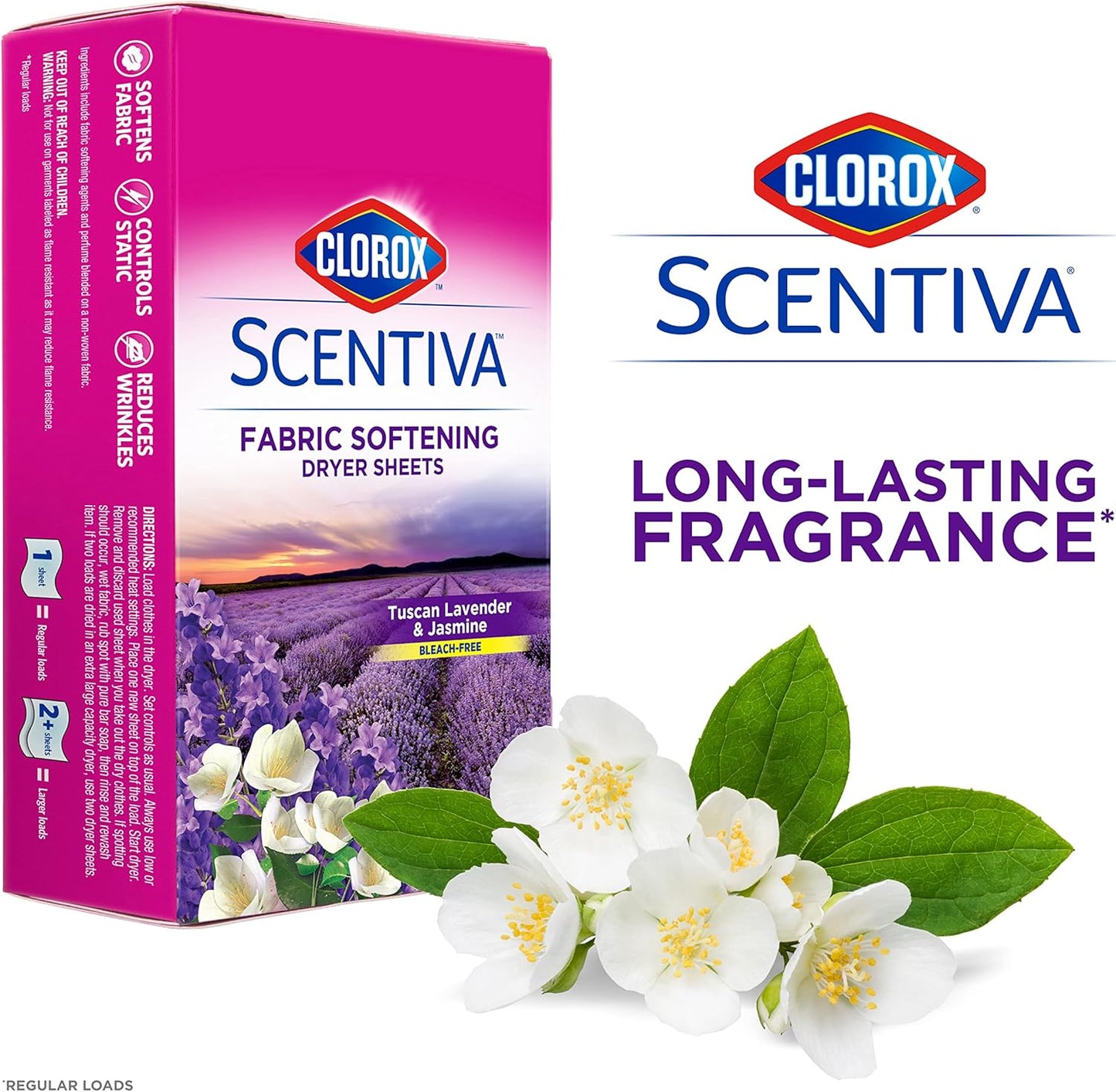 Clorox Scentiva - Hojas de secadora suavizantes de telas, aroma a lavanda toscana y jazmín, 40 Unidades