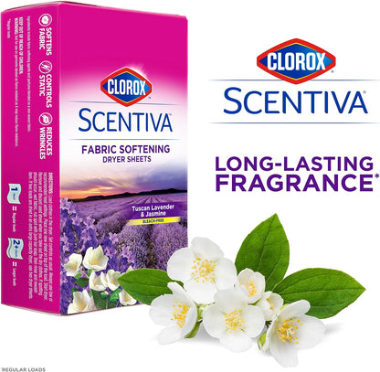 Clorox Scentiva - Hojas de secadora suavizantes de telas, aroma a lavanda toscana y jazmín, 40 Unidades