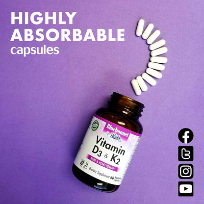 BlueBonnet - Vitamina D3 y K2 , 60 Capsulas