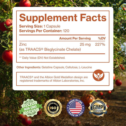 Pure Micronutrients Suplemento de zinc, suplementos de glicinato de zinc natural, (quelado) 25 mg, 120 cápsulas, Anaranjado