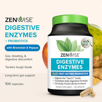 Zenwise Health Enzimas digestivas para la salud intestinal y el alivio de la hinchazón, con probióticos, bromelina y papaya para apoyo a la salud digestiva 100 Capsulas
