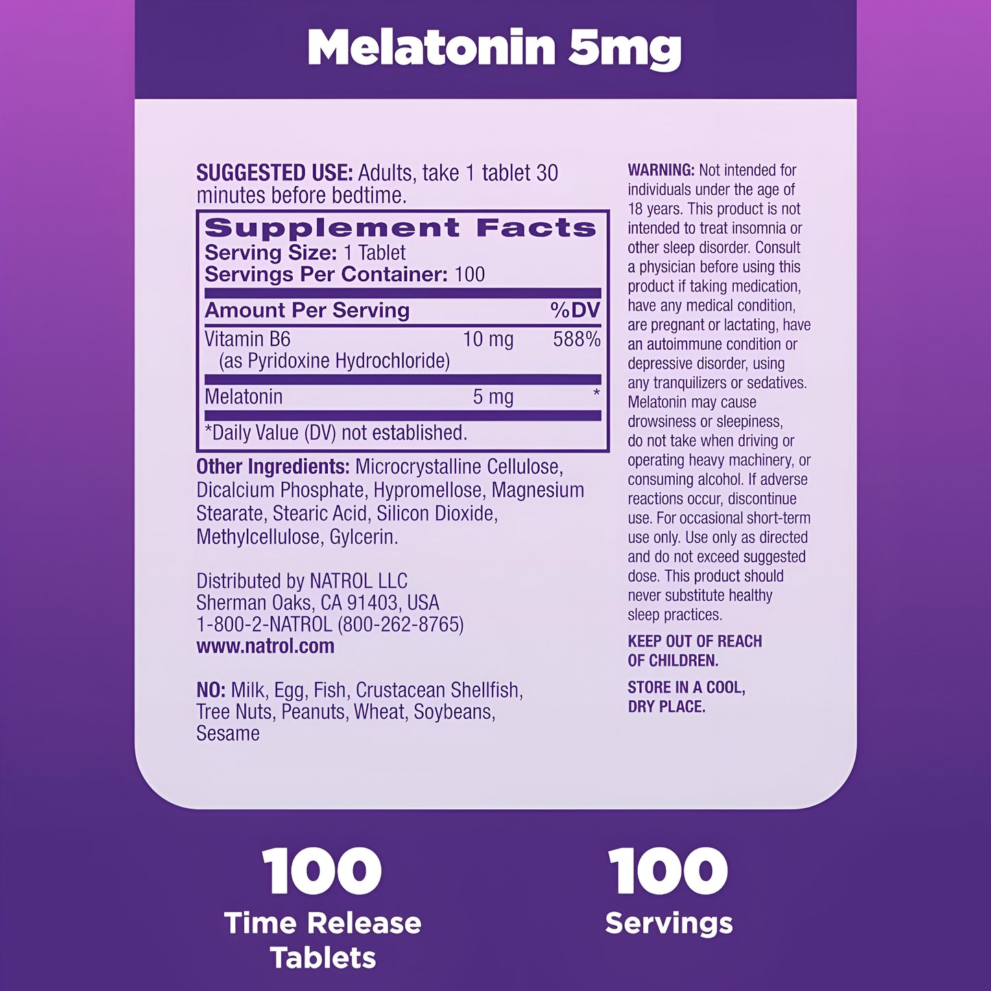 MELATONIN 5MG 100 TABLETAS - NATROL - TIME RELEASE