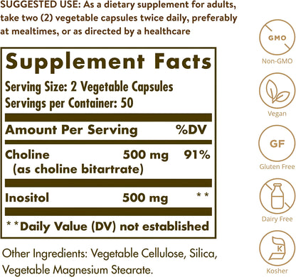 Solgar Choline/Inositol 500 mg/500 mg, 100 cápsulas vegetales - Sin OMG, vegano, sin gluten, sin lácteos