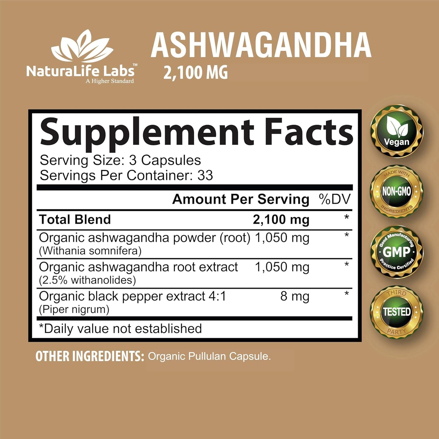 Organic Ashwagandha 2100 mg 100 cápsulas de vegetarianas