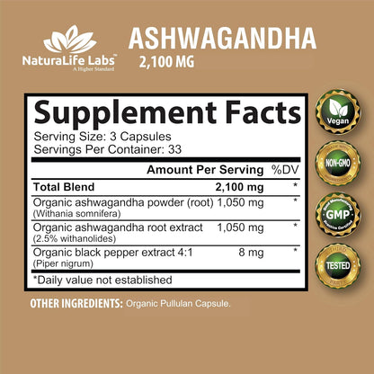 Organic Ashwagandha 2100 mg 100 cápsulas de vegetarianas