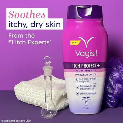 Vagisil Lavado femenino para la higiene del área íntima y la picazón, piel seca, Itch Protect+ Crme Wash, pH equilibrado y probado por ginecólogos, 12 onzas