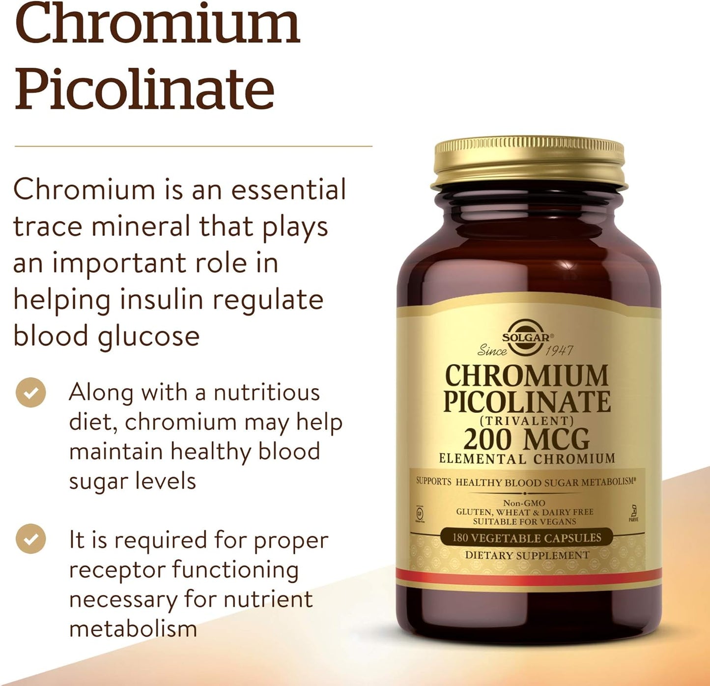 Solgar Picolinato de cromo de 200 mcg, 180 cápsulas vegetales