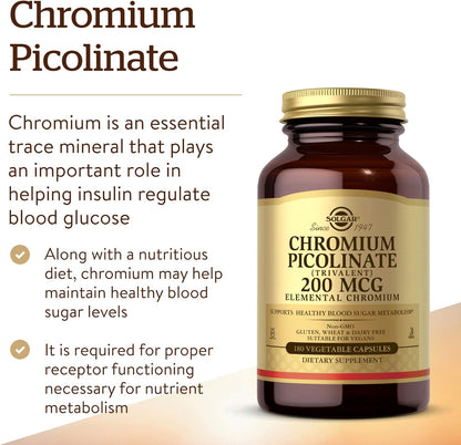 Solgar Picolinato de cromo de 200 mcg, 180 cápsulas vegetales