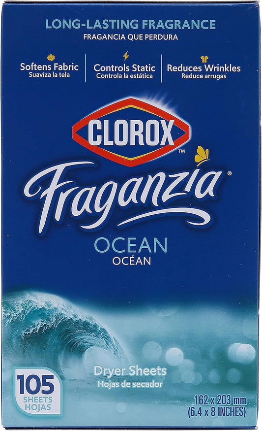 Clorox Fraganzia - Hojas de secadora suavizantes de tela, aroma fresco del océano, 105 unidades