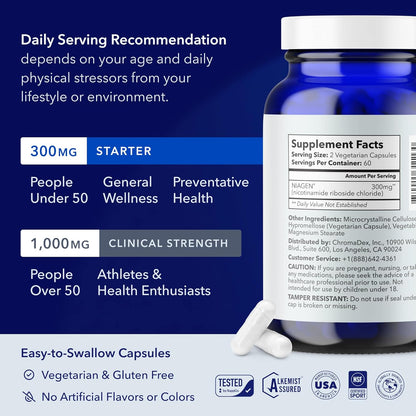 TRU NIAGEN Suplemento NAD patentado para la función cerebral, antienvejecimiento y regeneración celular, niagen, 120 Capsulas