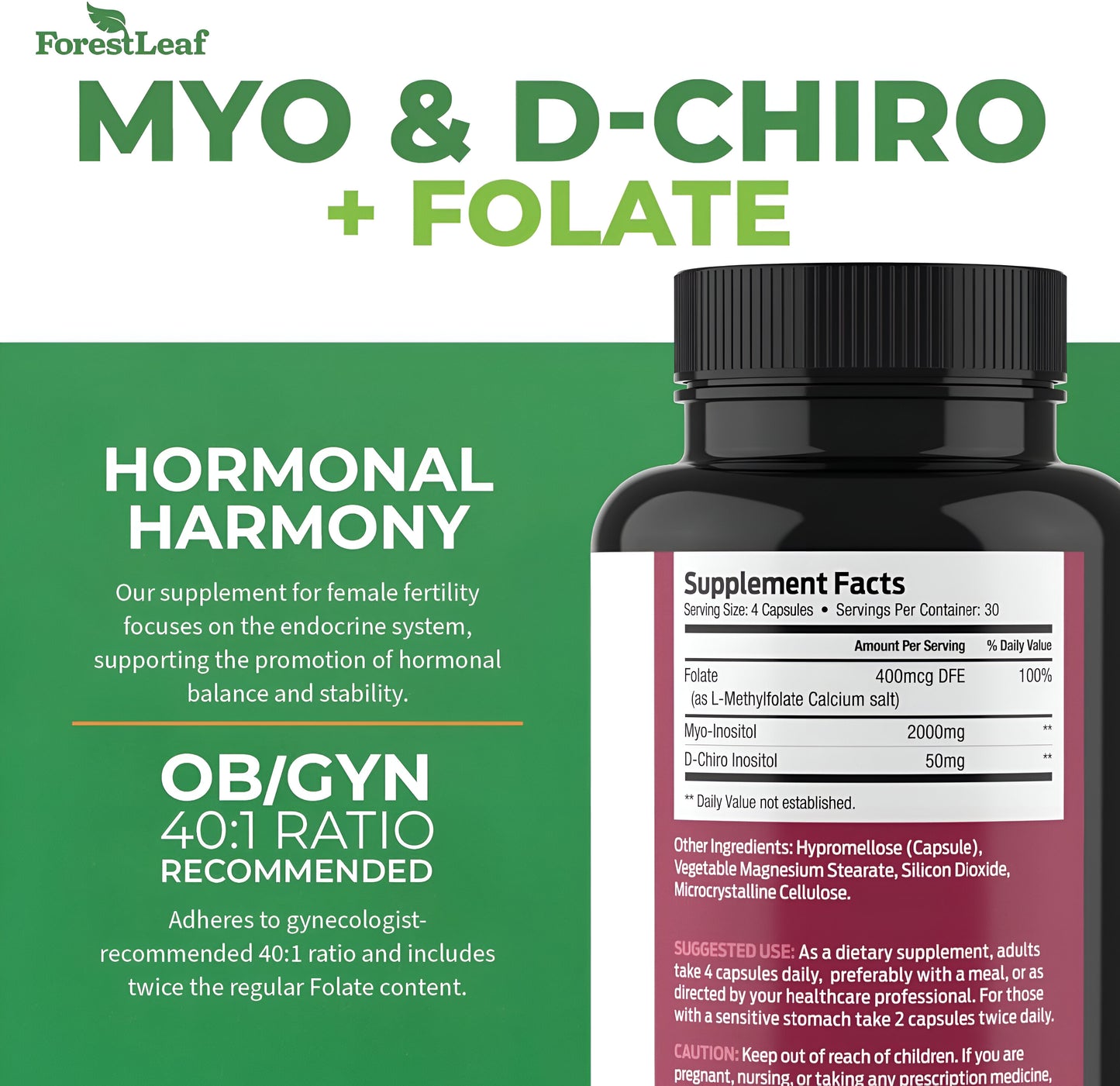 Myo-Inositol & D-Chiro Inositol Mezcla de Suplementos +  Folate 120 Capsulas