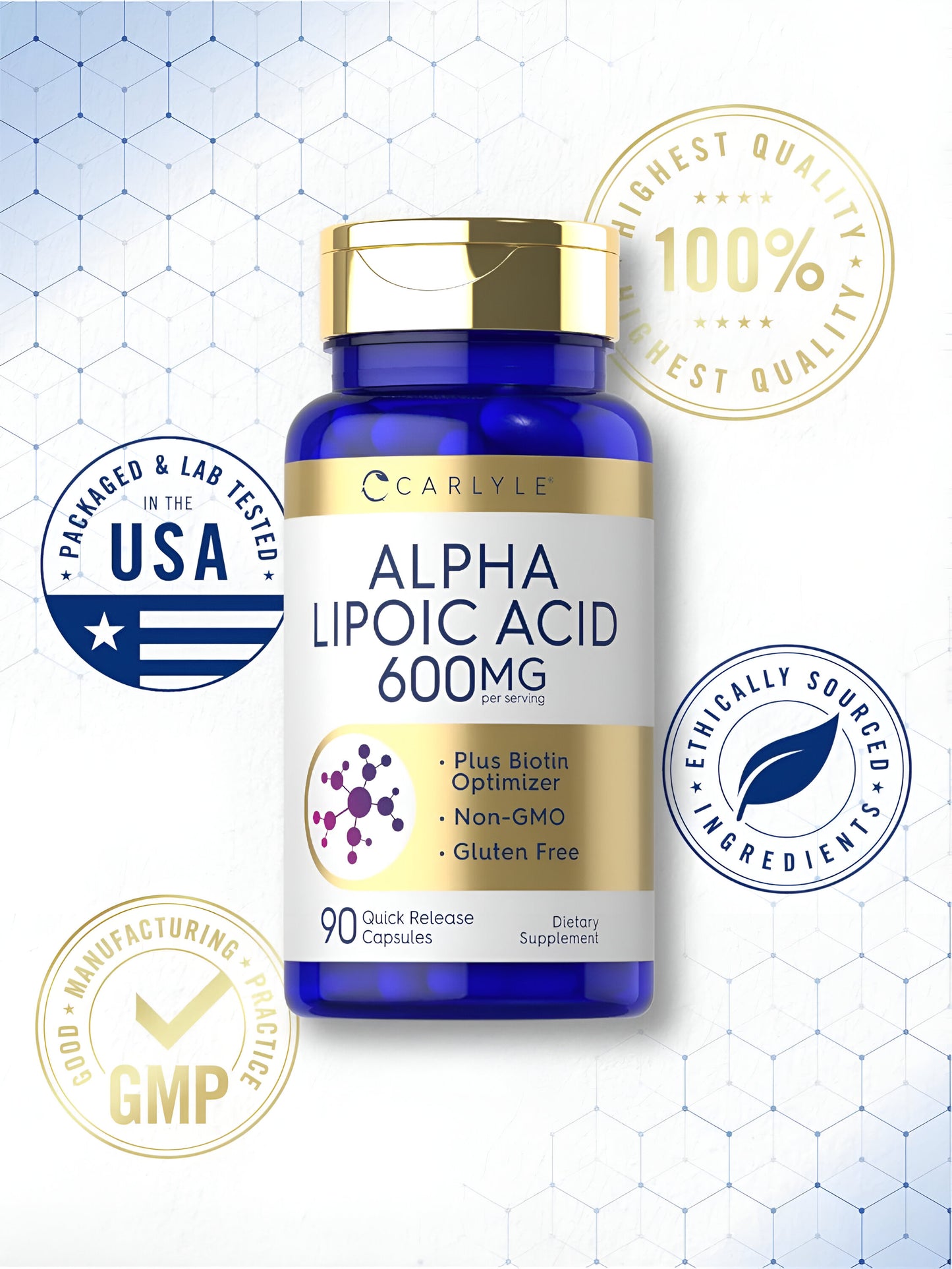 Carlyle Alpha Lipoic Acid 600mg + optimizador de biotina | 90 Cápsulas