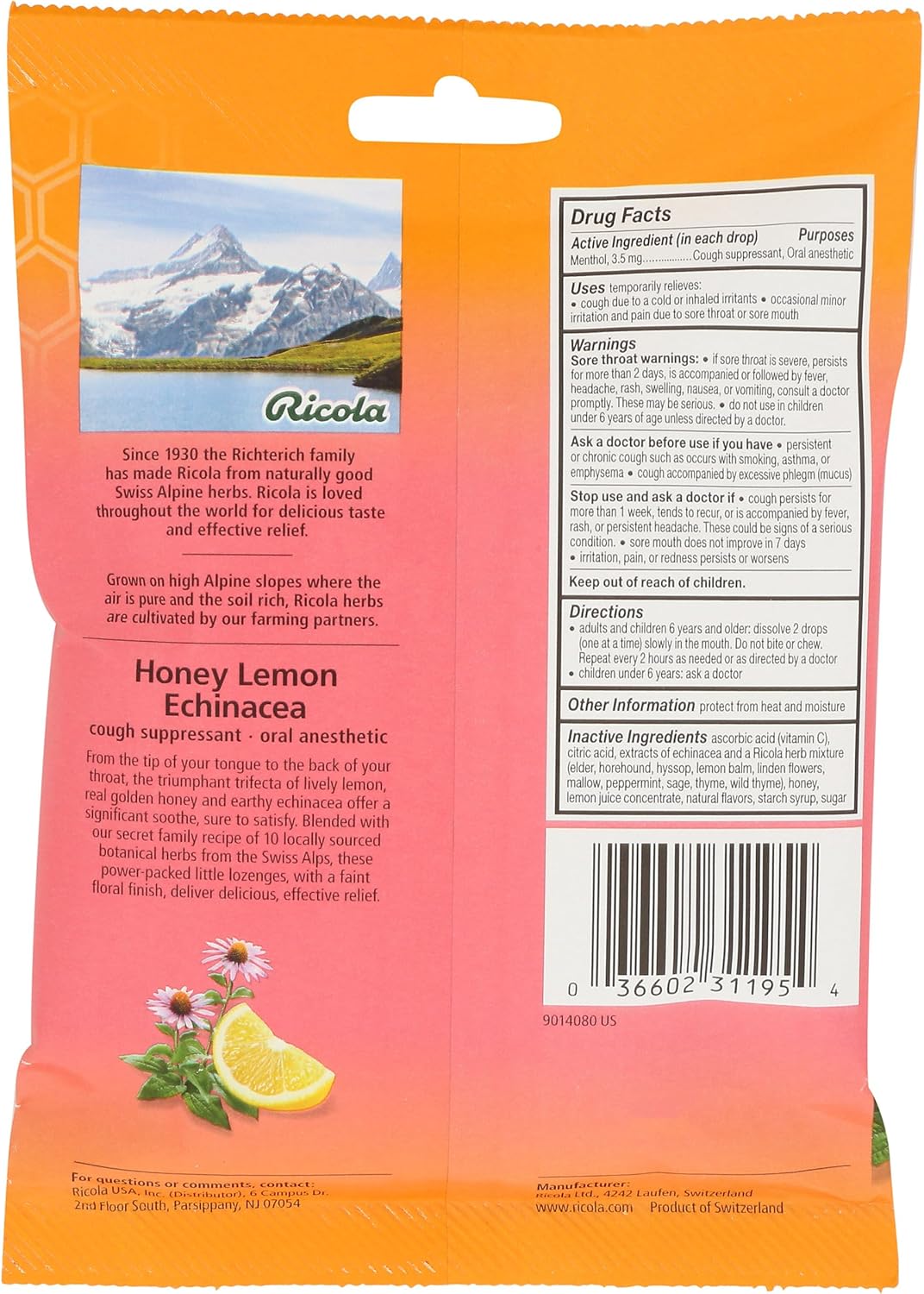 Ricola HoneyLemon con gotas de garganta supresor de la tos de equinácea, 19 unidades