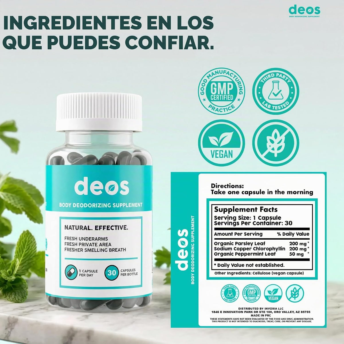 DEOS, Suplemento desodorante interno [control natural de olores] 30 Cápsulas