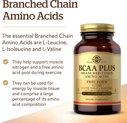Solgar BCAA Plus, 100 Capsulas Vegetales Aminoácidos de cadena ramificada de forma libre con vitamina B6 para absorción