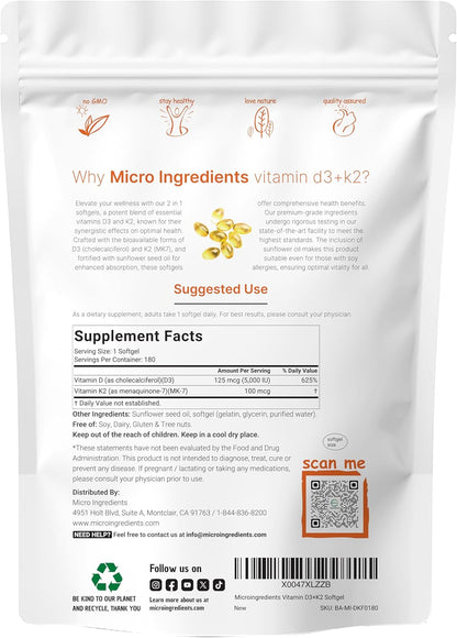 Micro Ingredients - Vitamina D3 5000 UI con K2 100 mcg (MK-7),cápsulas blandas