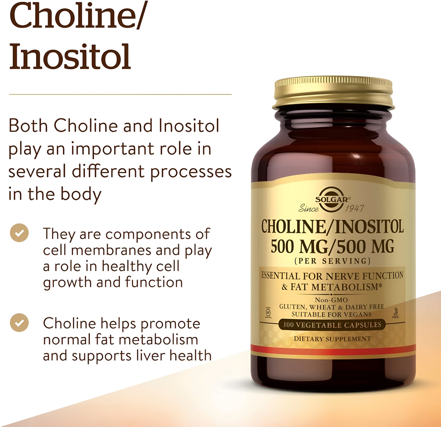 Solgar Choline/Inositol 500 mg/500 mg, 100 cápsulas vegetales - Sin OMG, vegano, sin gluten, sin lácteos