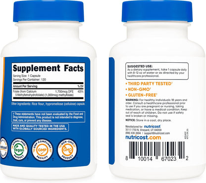 Nutricost- Methylfolate(5-MTHF) 1000mcg, 120 Vegetarian Capsules