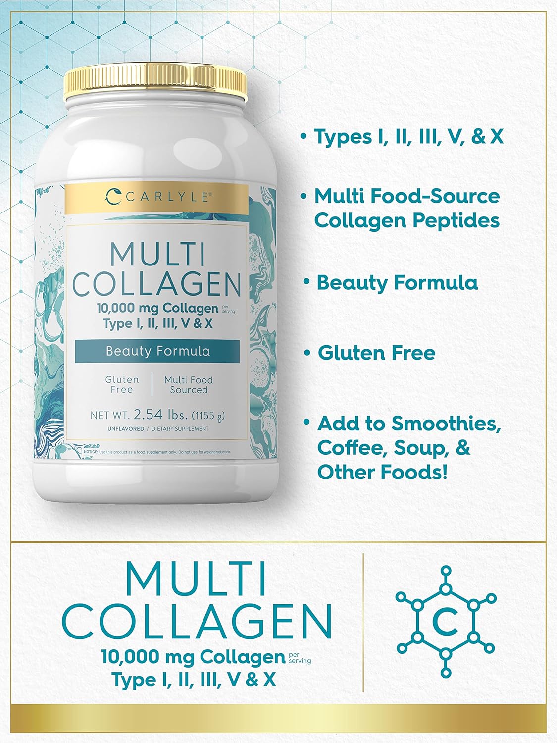 Carlyle - MultiCollagen 10,000mg Tipo I,II,II,V&X - 1155g