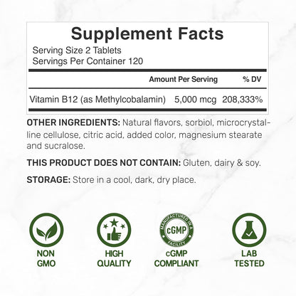 Deal Supplement - Methyl B-12(methylcobalamin) 5000mcg, 240 tabletas con sabor a fresa