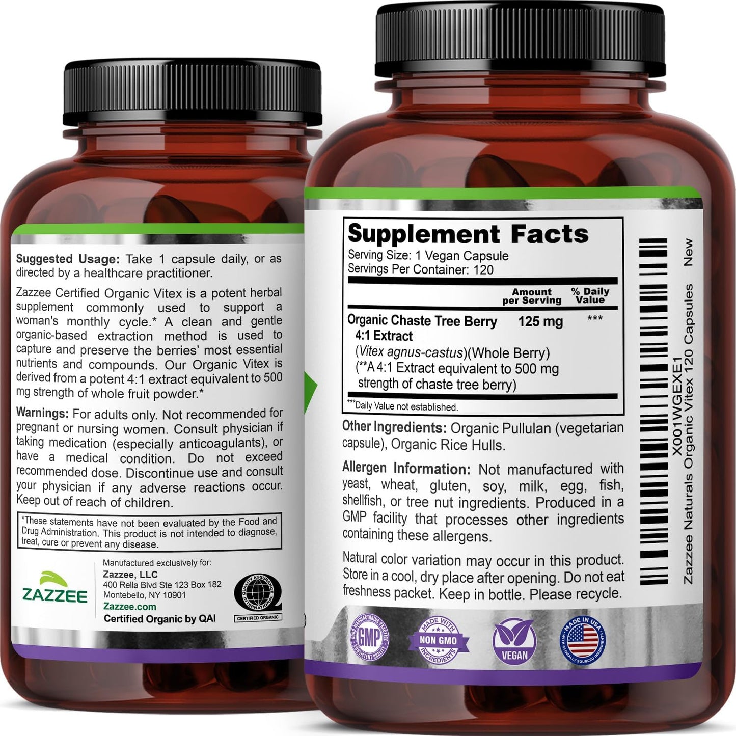 Zazzee USDA Organic Vitex 4:1 Extracto, 120 cápsulas veganas