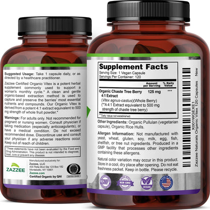 Zazzee USDA Organic Vitex 4:1 Extracto, 120 cápsulas veganas