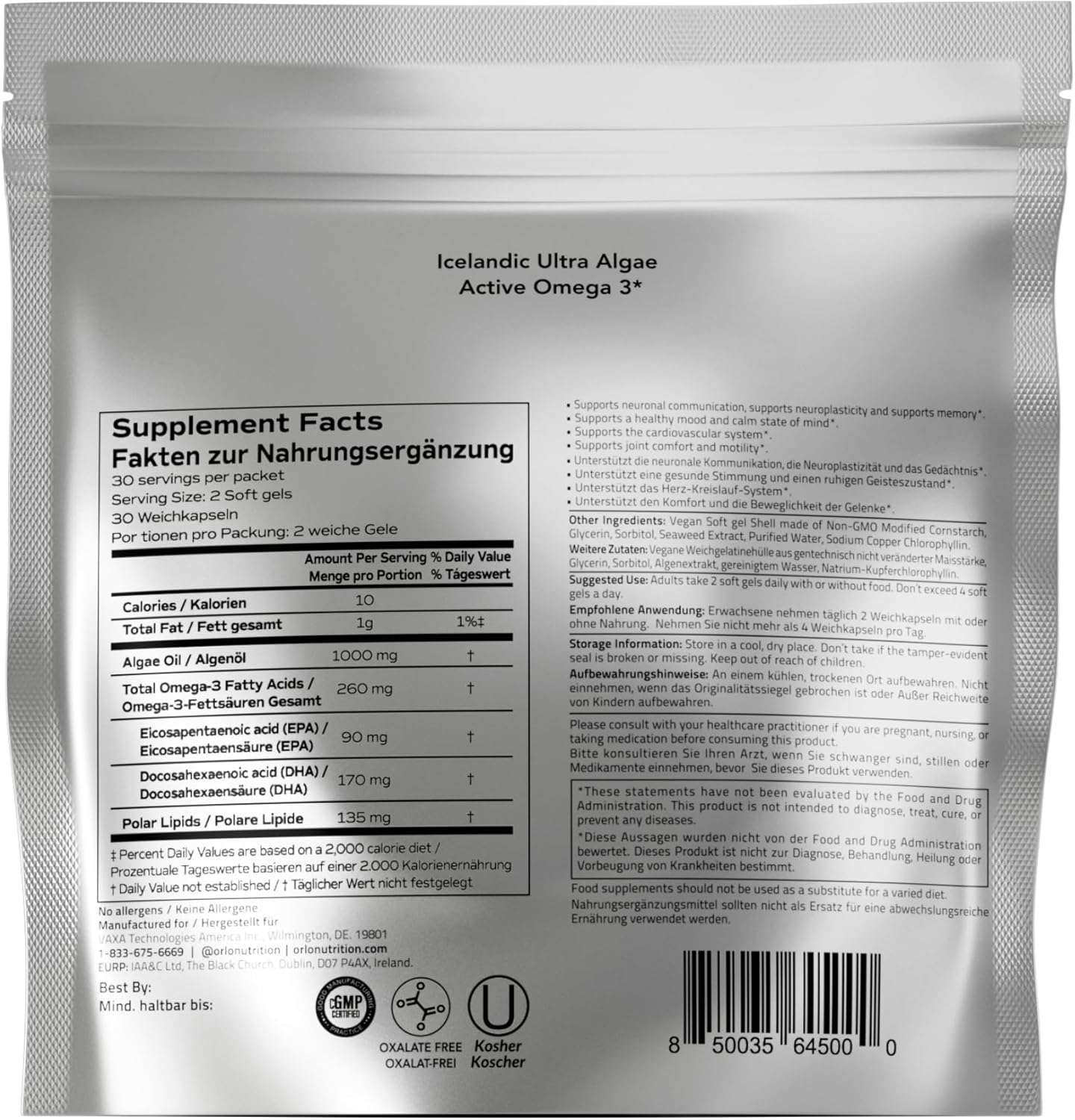 Orlo Aceite de algas vegano Omega 3 de 1000 mg, 60 mini softgels