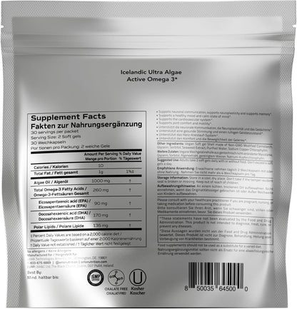 Orlo Aceite de algas vegano Omega 3 de 1000 mg, 60 mini softgels