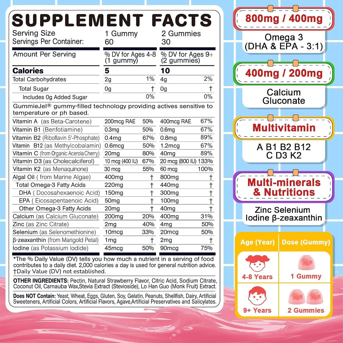 Nextdia Omega 3 (EPA/DHA) para niños y adolescentes, con multivitamínico y calcio - 60 gummies