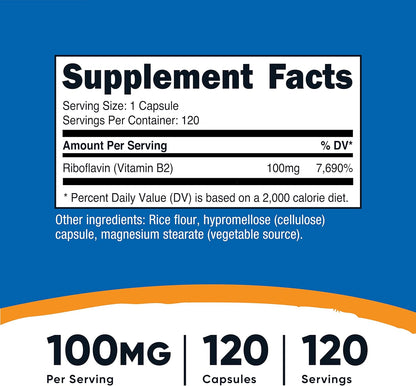 Nutricost - Vitamina B2 Riboflavin 100mg, 120 capsulas