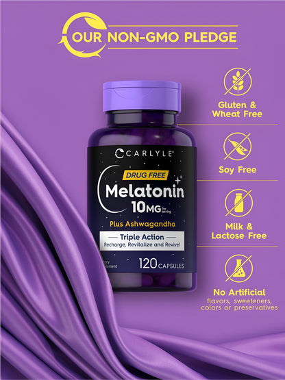 Melatonina 10 mg | 120 cápsulas | con Ashwagandha | Fórmula de triple fuerza | Sin OMG, suplemento sin gluten | por Carlyle