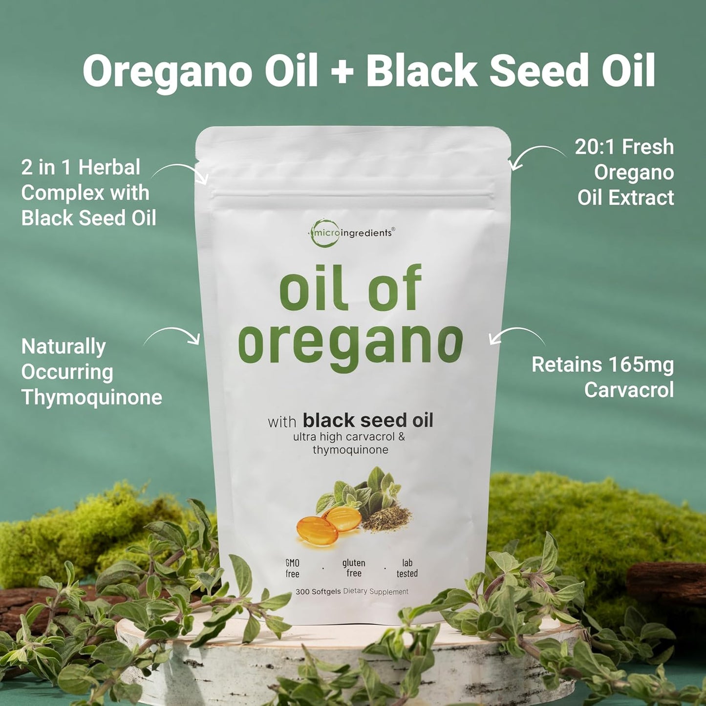 MicroIngredients - Aceite de Oregano 6000mg con black seed oil , 300 capsulas