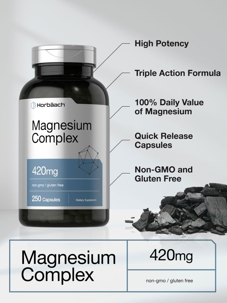 Horbaach - Complejo triple de magnesio | 420 mg | 250 cápsulas - Suplemento dietético de óxido de magnesio, citrato y aspartato
