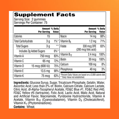One A Day Teen  para Mujeres Adolecentes con Vitaminas A, C, E, B3, B6, B12, D+Calcio 150 Gomitas