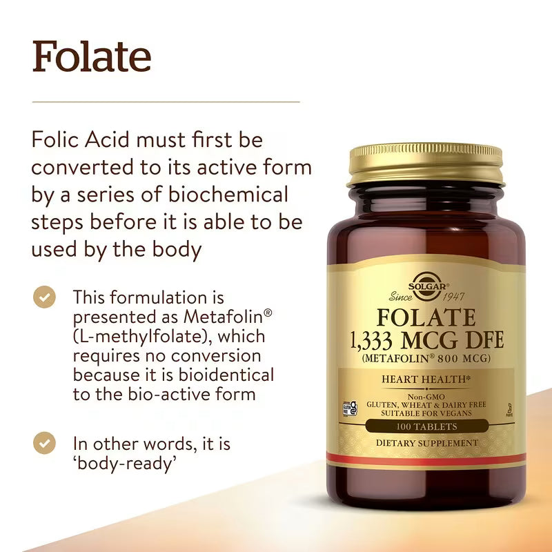 Solgar, Tabletas de folato 1,333 MCG DFE (Metafolin® 800 mcg) - 100 unidades
