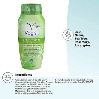 Vagisil DETOX SALUDABLE En todo el lavado corporal para mujeres, ginecólogo, probado, hipoalergénico y pH equilibrado, 354ml