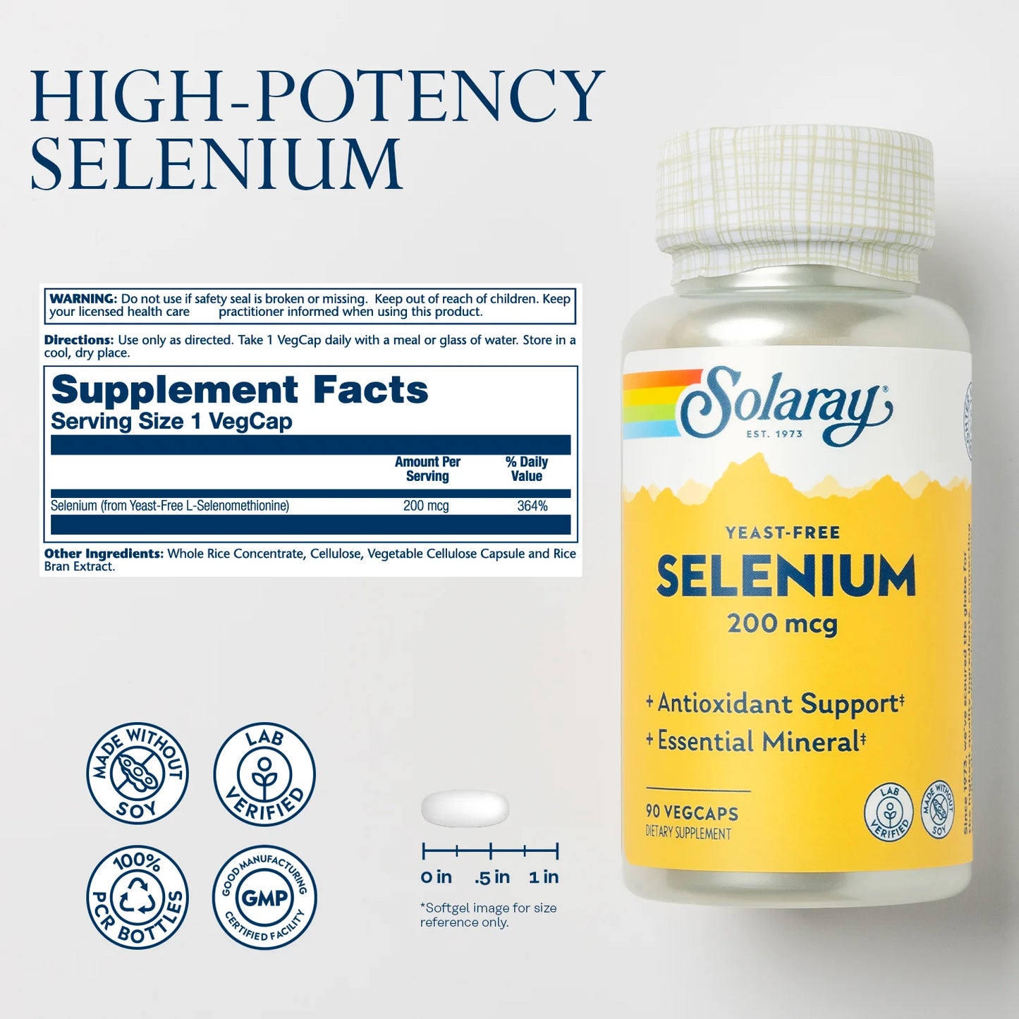 Solaray Selenio sin levadura  200 mcg 90 capsulas veganas