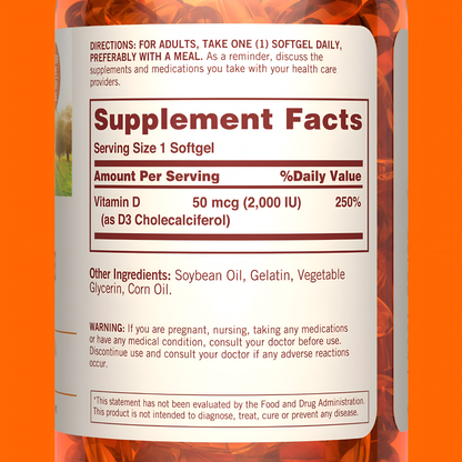 Vitamina D3 - 50mcg(2000 IU) en Capsulas de Gel - Sundown