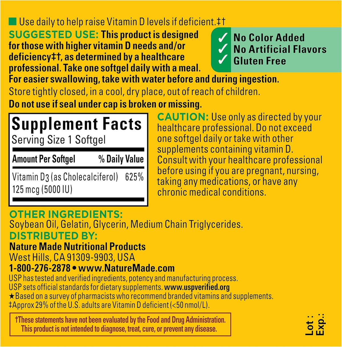 Nature Made - Vitamina D3 extra strength 5000 IU (125 mcg), 180 capsulas