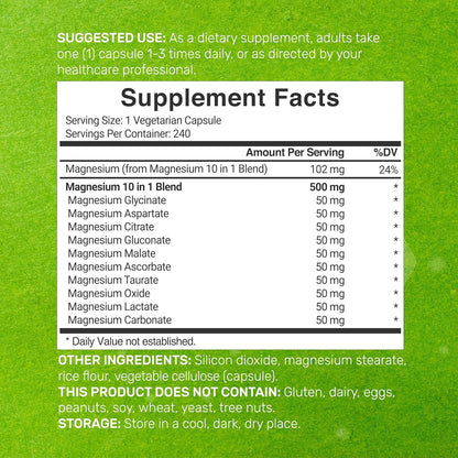 Suplemento de complejo de magnesio 500 mg, 240 cápsulas vegetales